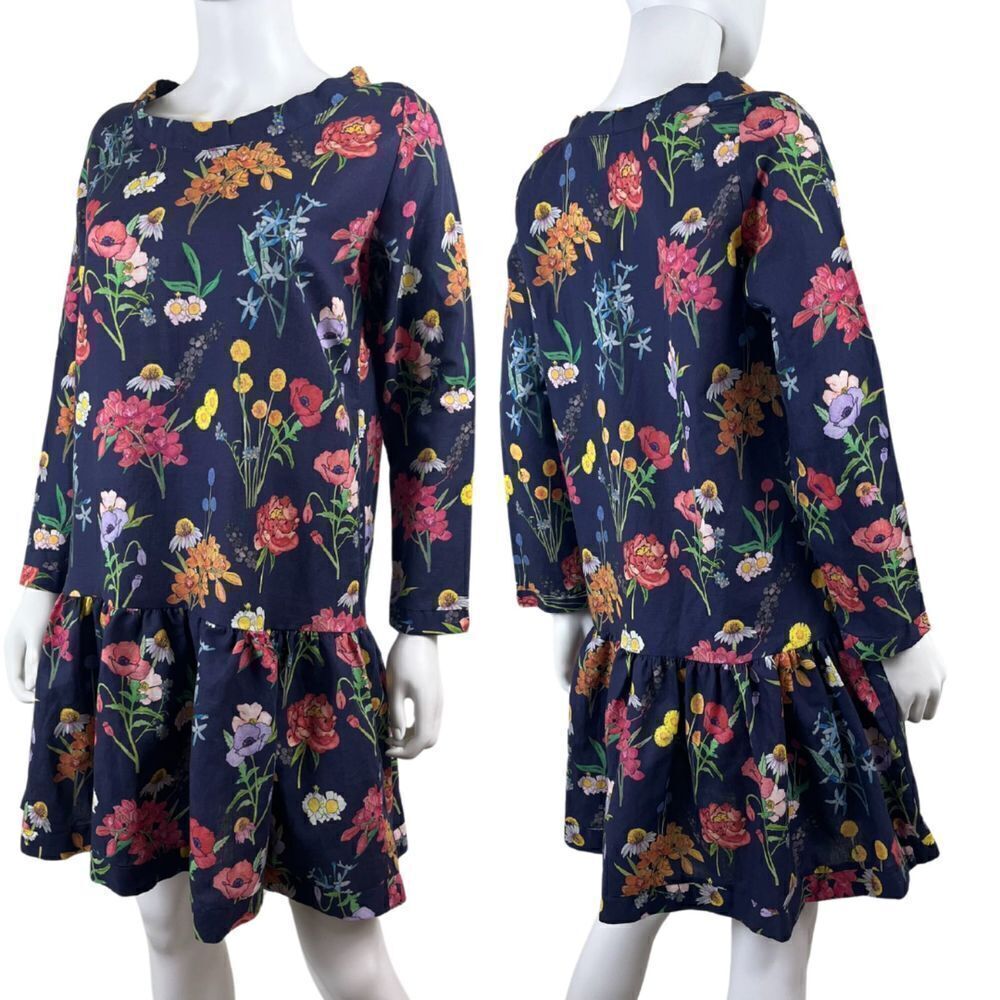 Brooke Wright Women Size M Blue Floral Cotton Mockneck Mini Tiered Dress Peasant